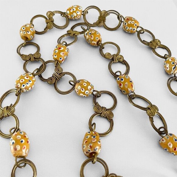 African Trade Bead Krobo Bead Decorative Brass Chain Necklace - Picture 4 of 4